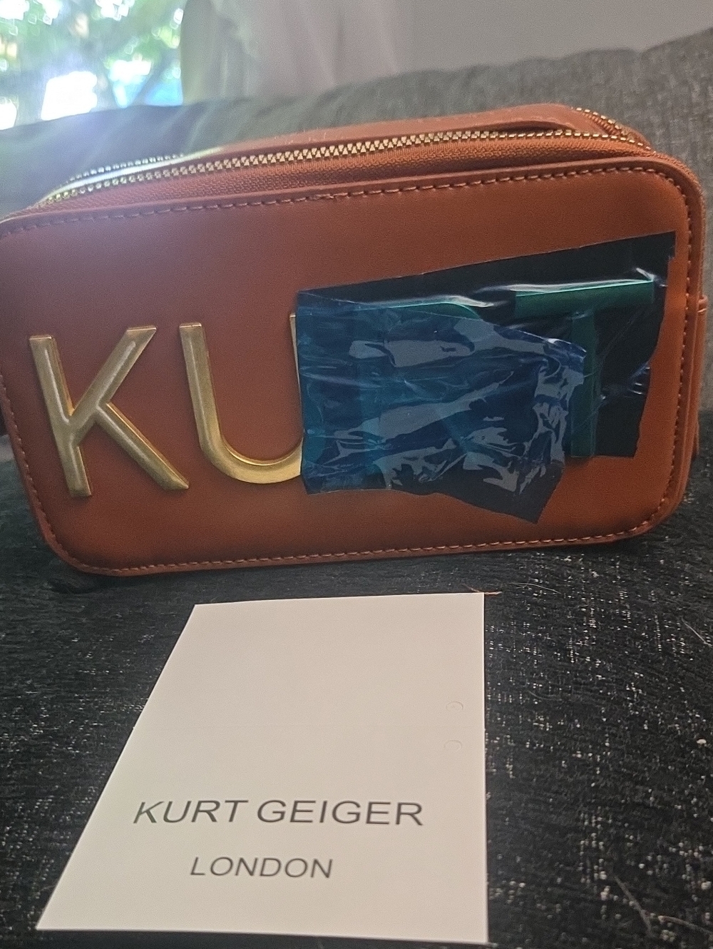 Kurt Geiger Tan Leather Crossbody Strap Pouch with Gold Lettering